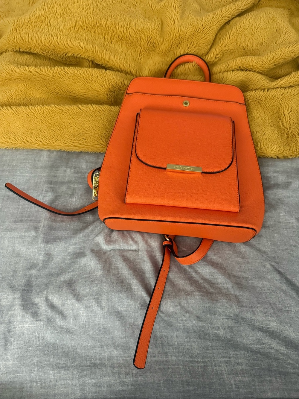 Steve Madden Orange Leather Backpack with Gold-Tone Accents
